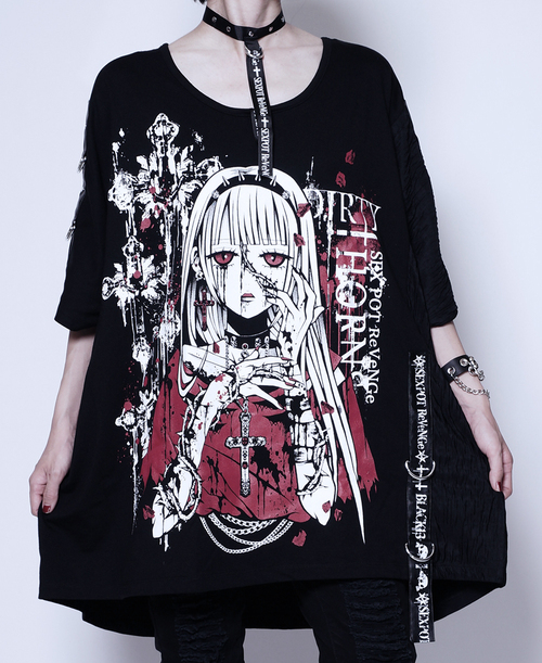 [APPAREL]/セックスポットリベンジ/汚い棘 BONDAGE CHOKER WASHER BIG デザイン カットソー 黒 x 白＋赤 (F) ゴスロリ・パンク/SEX POT ReVeNGe