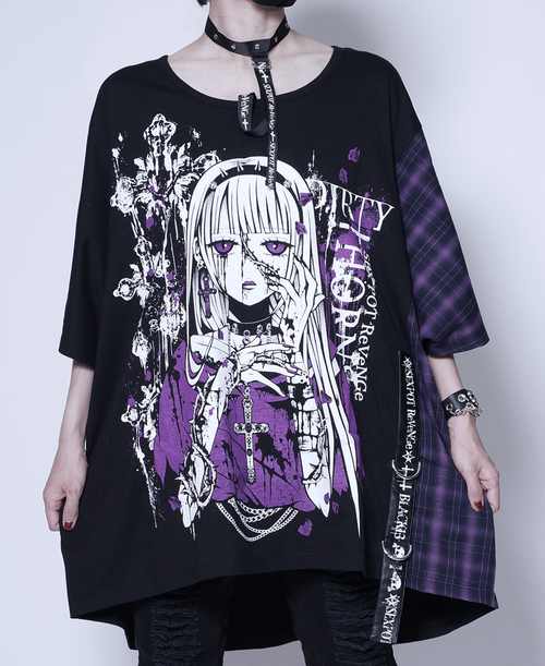 [APPAREL]/セックスポットリベンジ/汚い棘 BONDAGE CHOKER CHECK BIG デザイン カットソー 黒＋紫チェック x 白＋紫 (F) ゴスロリ・パンク/SEX POT ReVeNGe