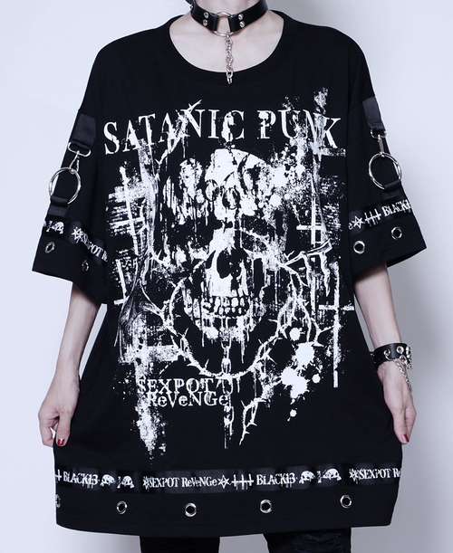 [APPAREL]/セックスポットリベンジ/SATANIC PUNK PUNKISH DETAIL LOGO LINE ビッグ カットソー 黒 x 白 (F) ゴスロリ・パンク/SEX POT ReVeNGe