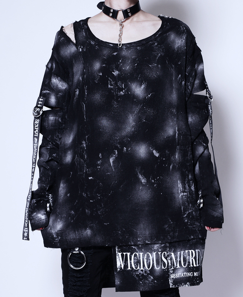 [APPAREL]/セックスポットリベンジ/GRUNGE PUNKISH MURDER ガーゼ カットソー 黒  x 白 (M) ゴスロリ・パンク/SEX POT ReVeNGe