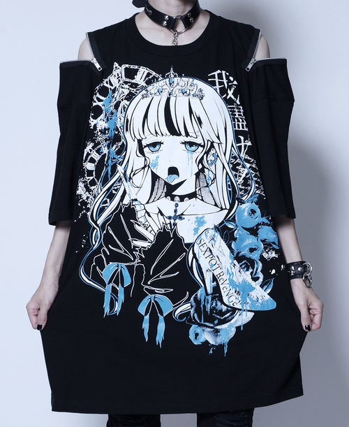 [APPAREL]/セックスポットリベンジ/キラープリンセス SHOULDER ZIP BIG カットソー 黒  x 白＋水色 (F) ゴスロリ・パンク/SEX POT ReVeNGe