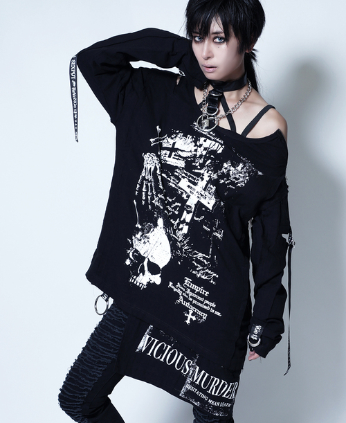 [APPAREL]/セックスポットリベンジ/ECHOES OF THE SKULL PUNKISH MURDER ガーゼ カットソー 黒 x 白 (L) ゴスロリ・パンク/SEX POT ReVeNGe