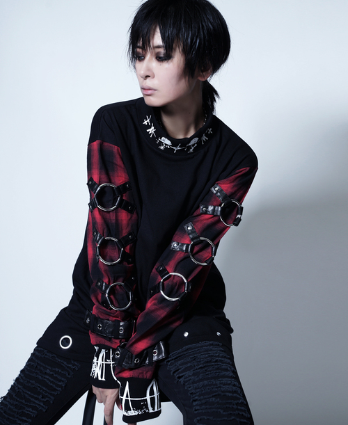 [APPAREL]/セックスポットリベンジ/BONDAGE SID RING モックネック カットソー 黒+赤チェック (F) ゴスロリ・パンク/SEX POT ReVeNGe