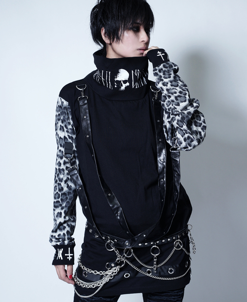 [APPAREL]/セックスポットリベンジ/VICIOUS MURDER BONDAGE BELT ハイネック カットソー 黒+ヒョウ柄 (F) ゴスロリ・パンク/SEX POT ReVeNGe