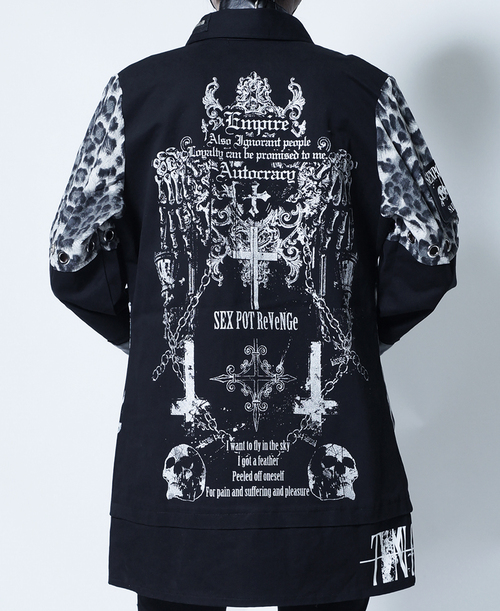 [APPAREL]/セックスポットリベンジ/THRONE OF BONES SKULL DARK PUNKISH LEOPARD シャツ ジャケット 黒+ヒョウ柄×白+シルバー (L) ゴスロリ・パンク/SEX POT ReVeNGe
