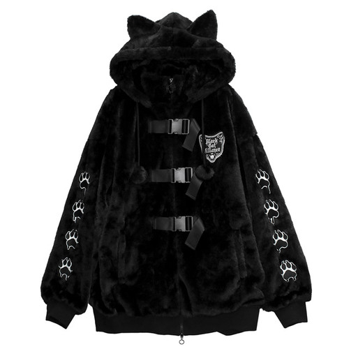 [APPAREL]/リッスンフレーバー/猫耳黒猫同盟 ファーブルゾン BLACK (F) ゴスロリ・パンク/LISTEN FLAVOR