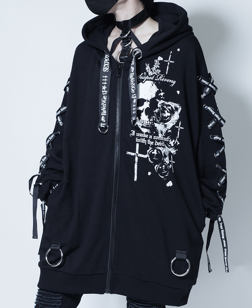 [APPAREL]/セックスポットリベンジ/LACE UP SLEEVE DEVIL HORNS HOOD ジップ パーカ 黒 (F) ゴスロリ・パンク/SEX POT ReVeNGe