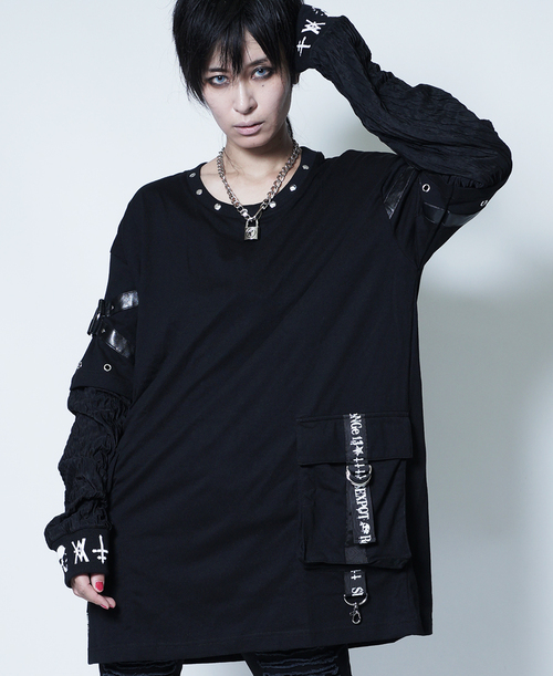 [APPAREL]/セックスポットリベンジ/CROSS BELT PUNKISH WASHER SLEEVE カットソー 黒 (F) ゴスロリ・パンク/SEX POT ReVeNGe