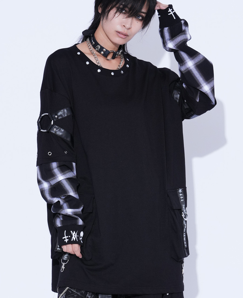 [APPAREL]/セックスポットリベンジ/CROSS BELT PUNKISH CHECK SLEEVE カットソー 黒＋白チェック (F) ゴスロリ・パンク/SEX POT ReVeNGe