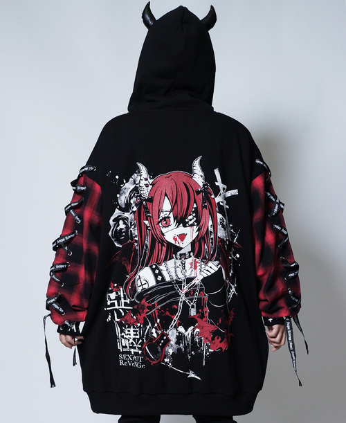[APPAREL]/セックスポットリベンジ/悪魔の誘惑 LACE UP SLEEVE DEVIL HORNS HOOD ジップ パーカ 黒＋赤チェック×白＋赤 (F) ゴスロリ・パンク/SEX POT ReVeNGe