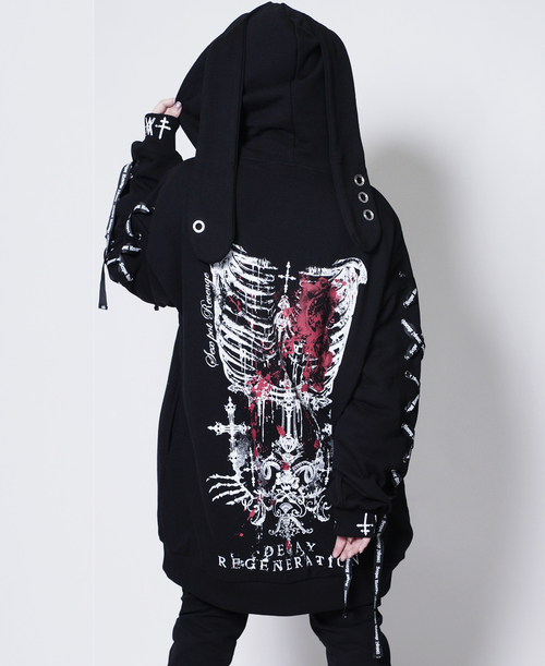 [APPAREL]/セックスポットリベンジ/ROSE CAGE LACE UP SLEEVE RABBIT EARS HOOD ジップ パーカ 黒×白+赤 (F) ゴスロリ・パンク/SEX POT ReVeNGe