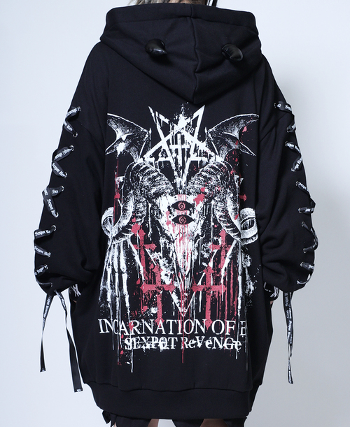 [APPAREL]/セックスポットリベンジ/INCARNATION OF EVIL LACE UP SLEEVE DEVIL HORNS HOOD ジップ パーカ 黒×白+赤 (F) ゴスロリ・パンク/SEX POT ReVeNGe