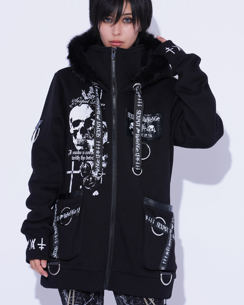 [APPAREL]/セックスポットリベンジ/PLEDGE REVERSE SKULL SHORT ZIP パーカ 黒×白+赤 (L) ゴスロリ・パンク/SEX POT ReVeNGe