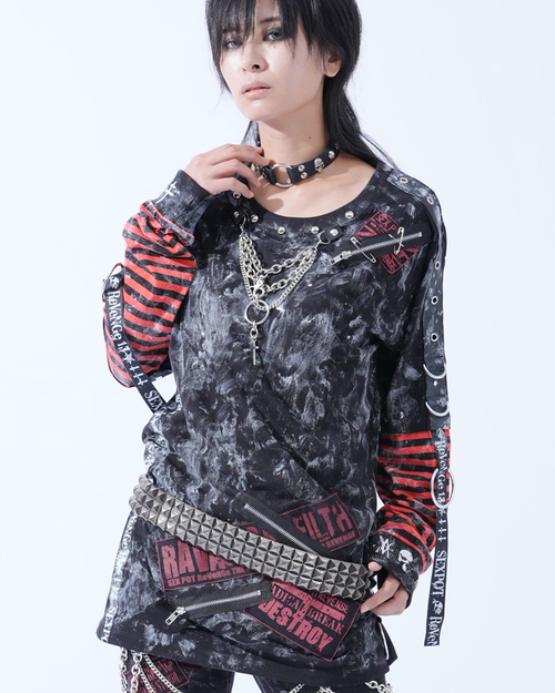 [APPAREL]/セックスポットリベンジ/CUSTOM STUDS BORDER パンキッシュ カットソー 黒+赤ボーダー (F) ゴスロリ・パンク/SEX POT ReVeNGe