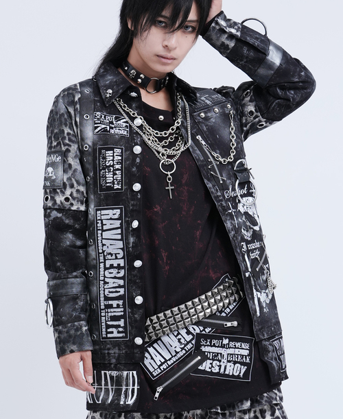 [APPAREL]/セックスポットリベンジ/CUSTOM THRONE OF BONES SKULL DARK PUNKISH LEOPARD シャツ ジャケット 黒+ヒョウ柄 x 白グランジ加工 (M) ゴスロリ・パンク/SEX POT ReVeNGe