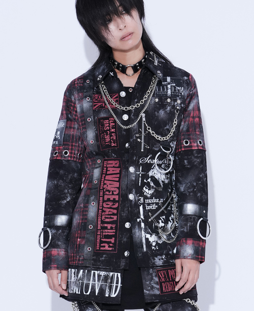 [APPAREL]/セックスポットリベンジ/CUSTOM THSONE OF BONES SKULL DARK PUNKISH CHECK シャツ ジャケット 黒+赤チェック x 白グランジ加工 (M) ゴスロリ・パンク/SEX POT ReVeNGe