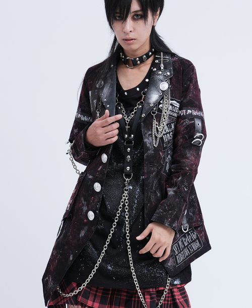 [APPAREL]/セックスポットリベンジ/CUSTOM RELIC OF SKULL SATANIC CROSS PUNKISH ジャケット 黒 x 赤グランジ加工 (L) ゴスロリ・パンク/SEX POT ReVeNGe