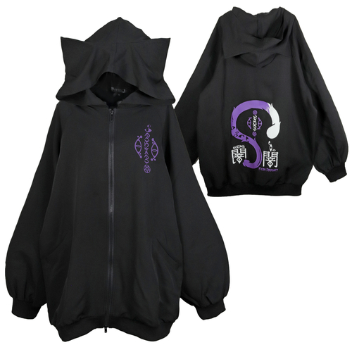 [APPAREL]/ディオラート/[ 闇猫] ジャージ風 オーバーサイズ・ネコミミパーカー[ 尻尾プリント] ブラック×パープル (F) ゴスロリ・パンク/Deorart