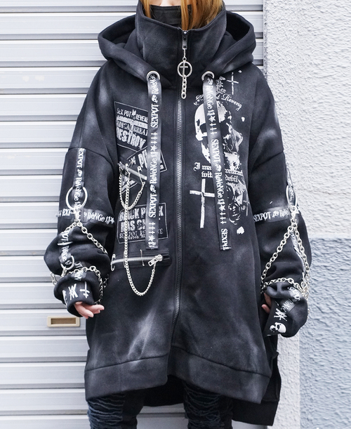 [APPAREL]/セックスポットリベンジ/CUSTOM SKULL CROSS HIGH NECK HOOD ZIP パーカ 黒 (F) ゴスロリ・パンク/SEX POT ReVeNGe