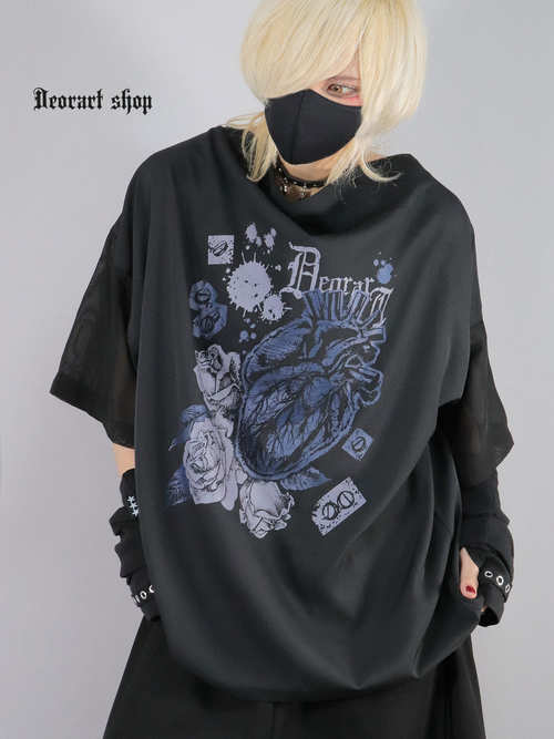 [APPAREL]/ディオラート/袖シアー ドレープ Tシャツ [ROSE 薔薇 心臓] (M) ゴスロリ・パンク/Deorart