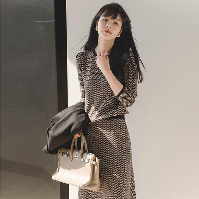 セットアップ レディース 長袖 ニット トップス スカート レトロ ヘリンボーン柄 オールインワン ワンピース 秋冬 20代 30代 40代 骨格ウェーブ