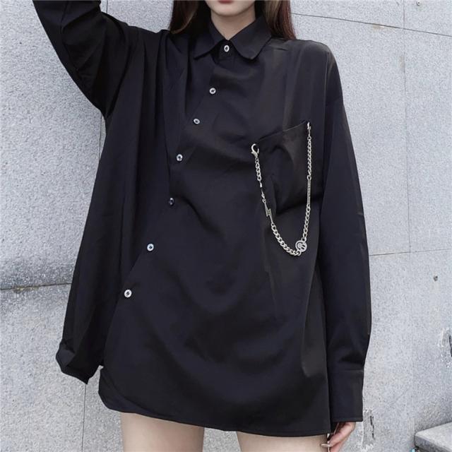 ビジュー付き 黒シャツ 半袖 トップス モード 韓国ファッション シャツ レディース 長袖 個性的 トップス モード系 チェーン付き