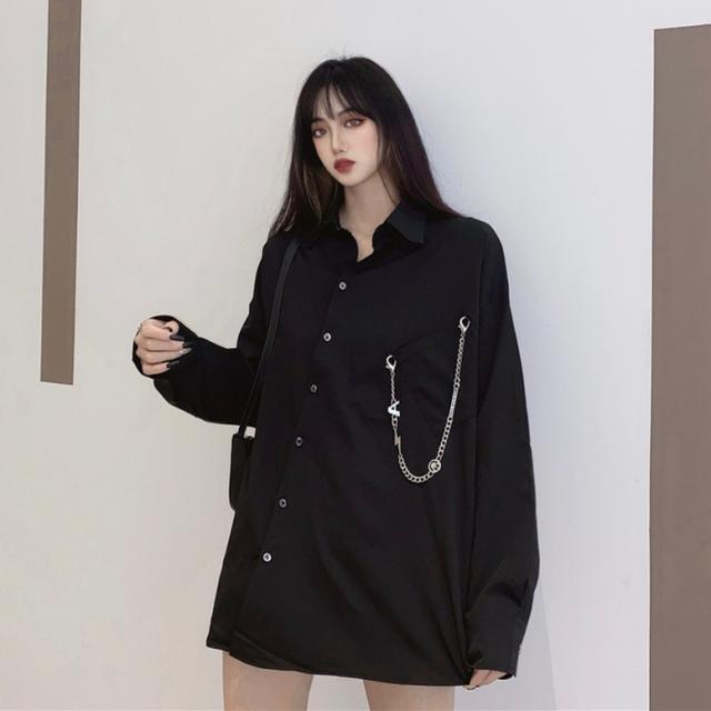 ビジュー付き 黒シャツ 半袖 トップス モード 韓国ファッション シャツ レディース 長袖 個性的 トップス モード系 チェーン付き