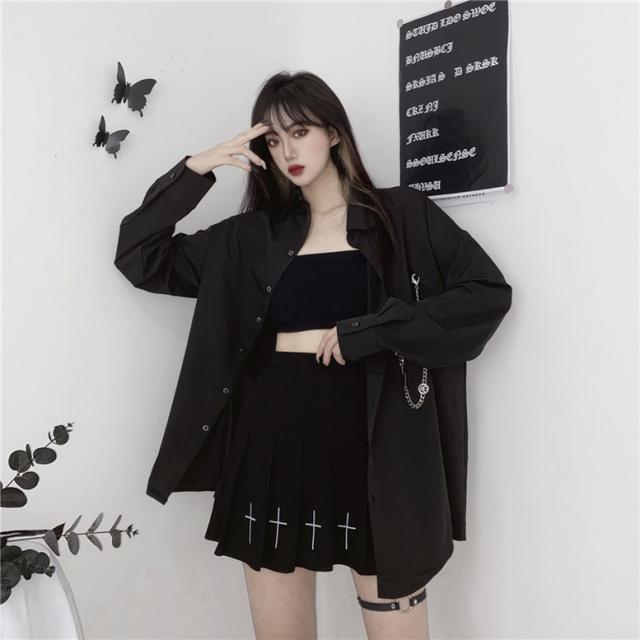 ビジュー付き 黒シャツ 半袖 トップス モード 韓国ファッション シャツ レディース 長袖 個性的 トップス モード系 チェーン付き