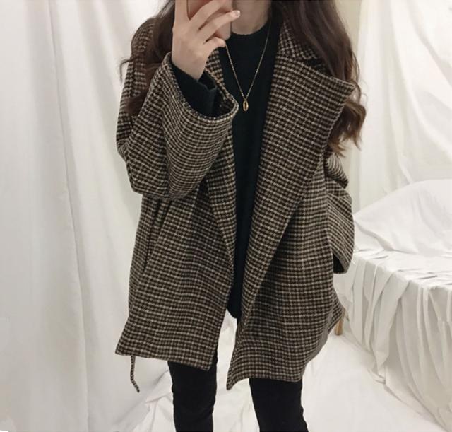 ハーフコート レディース アウター ジャケット 千鳥柄 チェック オーバーサイズ ベルト付き 秋冬 韓国ファッション 通勤 通学 大きいサイズ 秋 冬 かわいい 韓国 ウエストリボン の通販は 5,280円