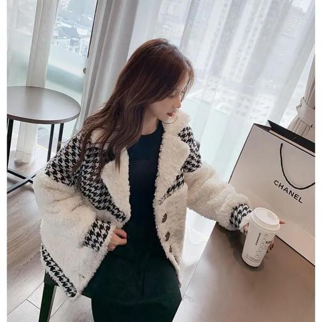 ボアジャケット レディース ボアブルゾン 折り襟 アウターコート 千鳥