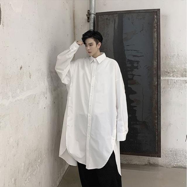 シャツ メンズ ロング トップス モード系 長袖 ブラウス 個性的