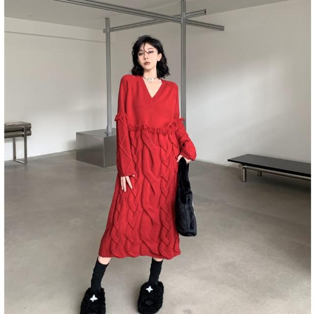 ニットワンピース ロング ワンピ レディース 長袖 Vネック モード系