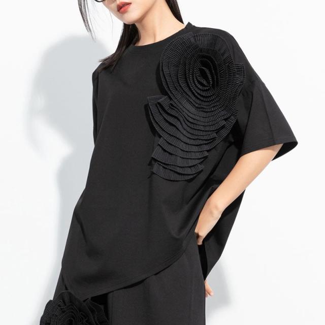 Tシャツ レディース シャツ モード系 個性的 半袖 フラワー 装飾デザイン 不規則 アシンメトリー ルーズ 大人 トップス きれいめ アシメ 黒 不規則 春 夏の通販は