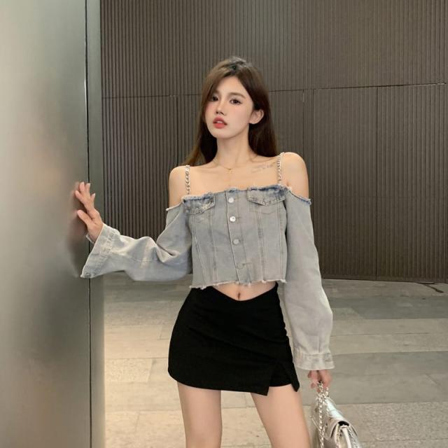 オフショルダー ショート デニムジャケット レディース
