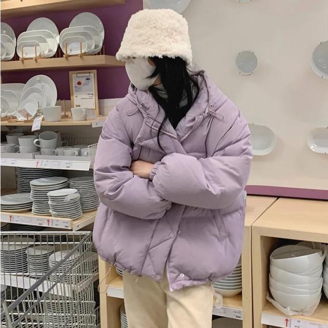 ダウンジャケット レディース フード ルーズ ショート丈 可愛い 暖かい パープル 韓国ファッション pLegLad店 大人 きれいめ 暖かい 明るめ 30代 40代 50代 ダウンジャケット レディース フード ルーズ ショート丈 可愛い 暖かい