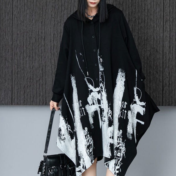 ワンピース ロング 長袖 レディース モード系 フード 前開き プリント柄 個性的 Aライン pLegLad店 大人女子 ゆったり 体型カバー ブラック 春 秋 40代 30代 20代の通販は