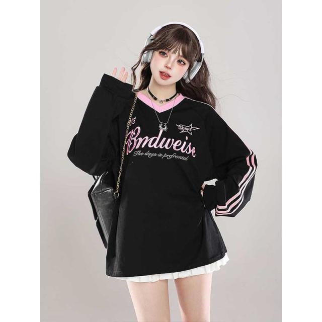 Tシャツ ロンT トップス レディース 長袖 カットソー サイドライン V 