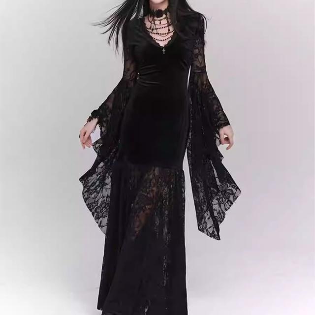 ゴシック ワンピース ロング レース レディース 透け感 衣装 ドレス pLegLad店 切り替え ハロウィン コスプレ 仮装 黒 コスチューム サブカル系 地雷系 y2k ゴスロリ