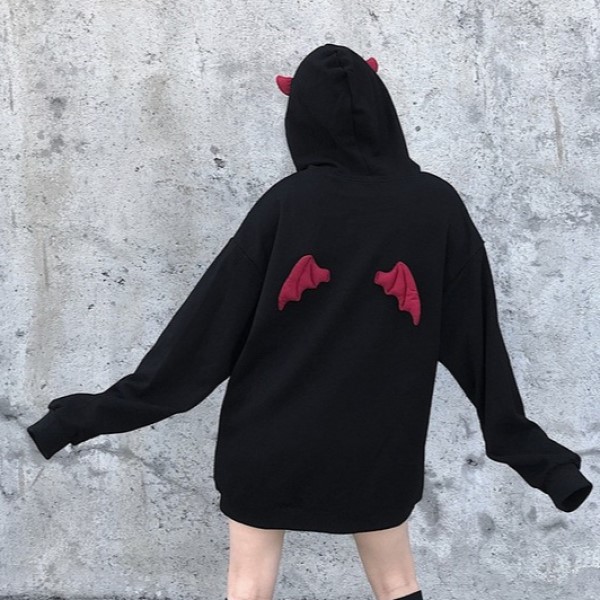 プルオーバーパーカー レディース デビル トップス フード付き ミディアムロング ストリート系 ダーク 春 秋 黒 の通販はau Pay マーケット Pleglad