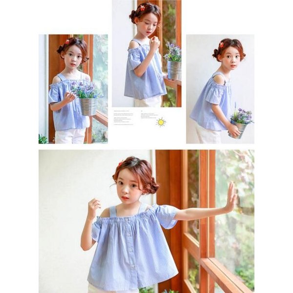 子供服 キッズ オフショルダー ブラウス 半袖 ストライプ シャツ 韓国 子供服 キッズ オフショルダー ブラウス 半袖 ストライプ シャツ 韓国