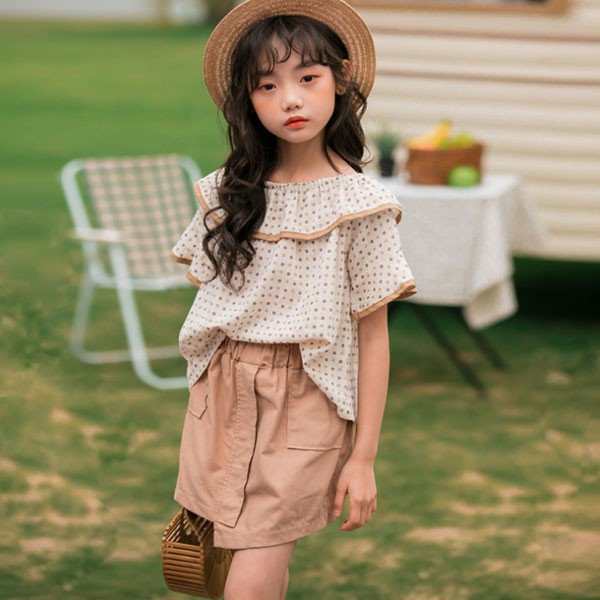 韓国子供服 女の子 シャツ ショートスカート 上下セット 夏服