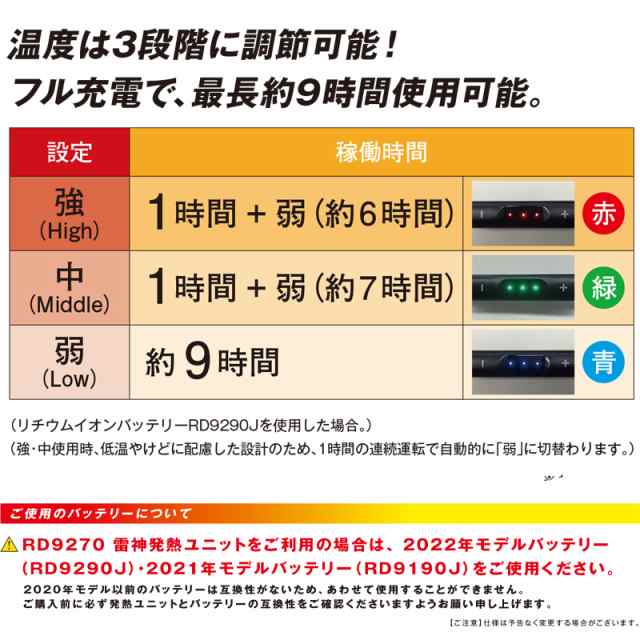 サンエス【雷神服 防寒】雷神発熱ユニット(RD9270)＋バッテリー