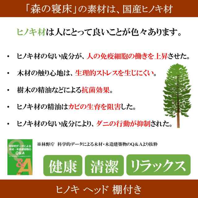 すのこベッド 布団用 ダブル 竹炭入り 森の寝床 ヒノキ ヘッド棚付 高