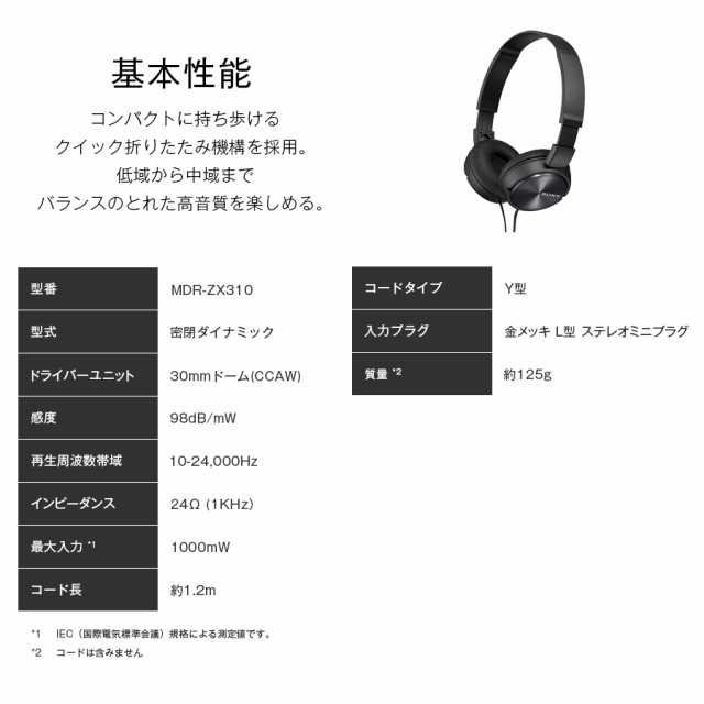 SONY ソニー ステレオ ヘッドホン MDR-ZX310 B ブラック ヘッドフォン 