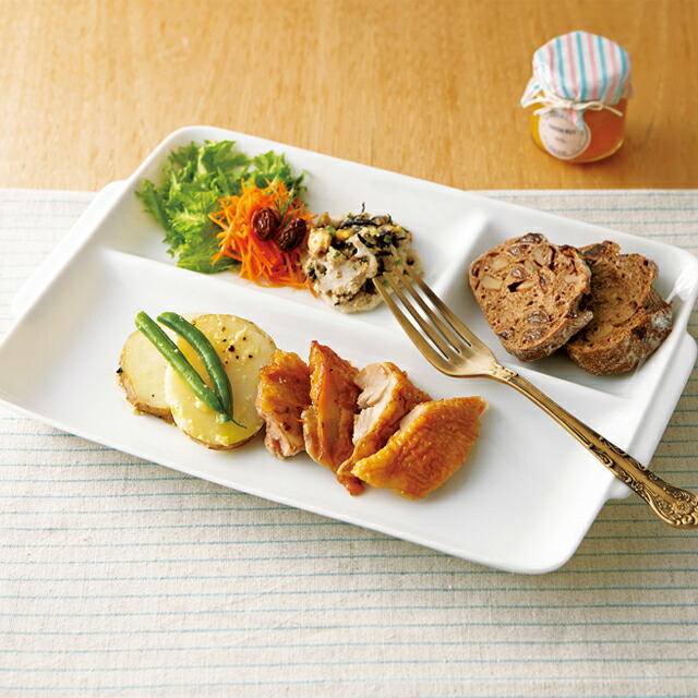 5枚SET ランチプレート うすかる 取手付 角仕切皿 28.5×21cm ホワイト 約500g 軽い 軽量 美濃焼 陶器 3つ仕切り 仕切り皿 和食器 日本製 長角 食器 カフェ 白磁 白 おしゃれ スタック ポーセラーツ 食洗機対応 あす楽対応 ラッピング不可_4