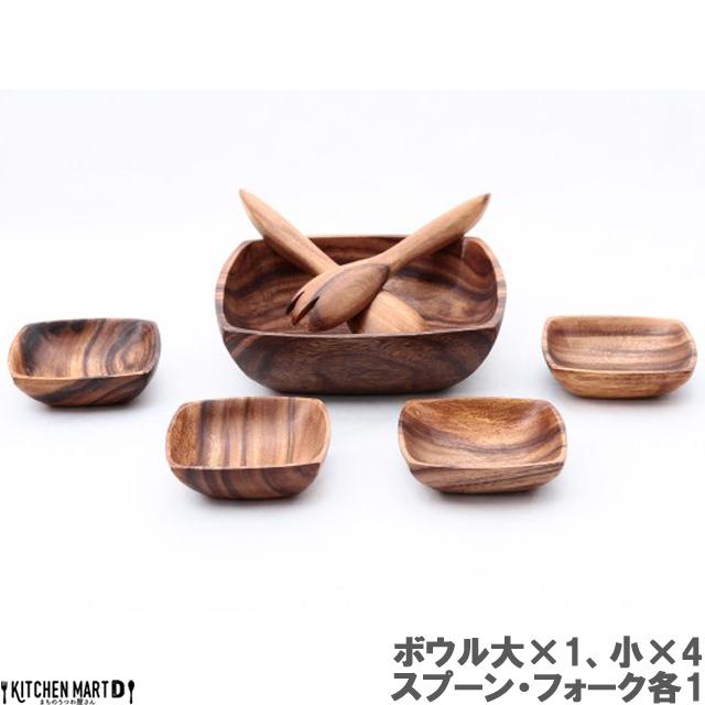 アカシア スクエア 角 A ボウル セット SET (スプーン&フォーク付) サラダボウル 小皿 木製 木 仕切り ウッド 天然木 インテリア キッチン雑貨 wood ウッドバーニング 不二貿易 ラッピング不可