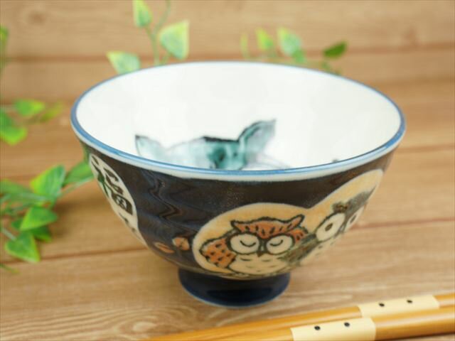 アニマルご飯茶碗♪ふくろう Ｌ ブルー美濃焼 和食器 日本製 陶器 飯碗 