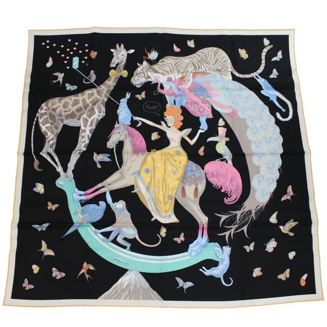 【新品】エルメス HERMES  レディース−スカーフ ブランド カレ CARRE TWILL 003875S 07　HERMES STORY　NOIR-JAUNE-MUTICO ブラック マルチカラー accessory-01