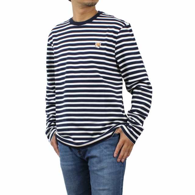 【新品】メゾンキツネ MAISON KITSUNE クルーネック ロングＴシャツ　メンズ FOX HEAD LM00105　KJ0044　S480 NAVY STRIPES ネイビー系