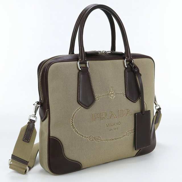 【中古】良品プラダ(PRADA) ロゴジャガード 2WAYブリーフケース キャンバス ベージュ系　ランク：A us-2 2WAY ｼｮﾙﾀﾞｰ ﾒﾝｽﾞ